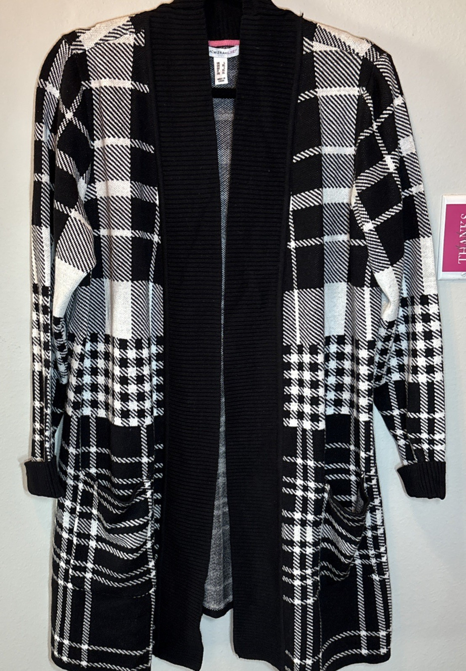 Isaac Mizrahi Live Black and White Plaid Open Long Sleeve Sweater Cardigan L